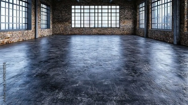 Fototapeta   A spacious room features expansive windows, a brick wall, and a solid concrete floor