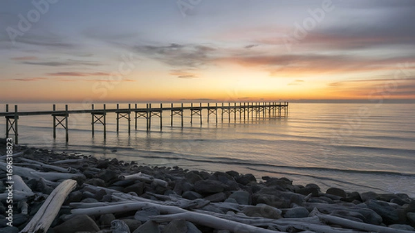Obraz Wooden pier stretching into calm sea at sunset with rocky shore and driftwood