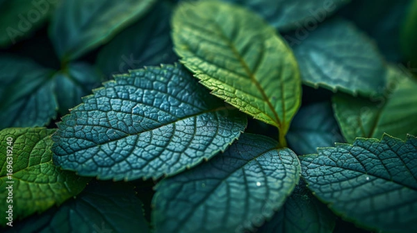 Fototapeta Close-up of vibrant green and teal leaves, intricate vein patterns visible.