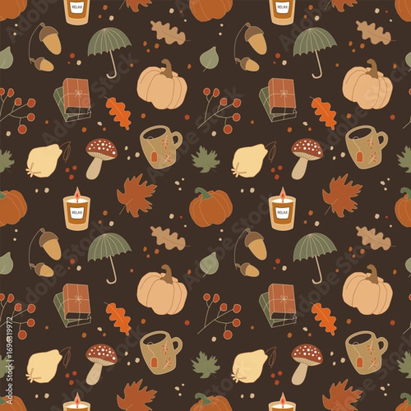 Obraz Vector seamless autumn pattern. Flat autumn elements isolated on a brown background. Umbrella, books, tea, candle, leaves, acorns, apples, pumpkins, mushrooms, berries for wrapping paper or fabric.