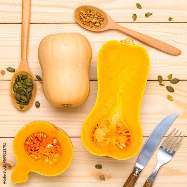 Fototapeta Fresh butternut squash halves and whole, showcasing vibrant orange flesh and pale tan rind, arranged on a light-colored wooden surface with pumpkin seeds, with a rustic feel.