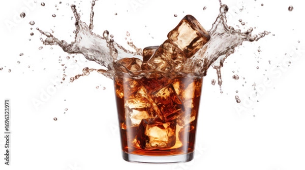 Fototapeta Soda splash with ice cola or soda splash with flying ice cubes on transparent background