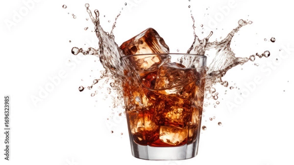 Fototapeta Soda splash with ice cola or soda splash with flying ice cubes on transparent background