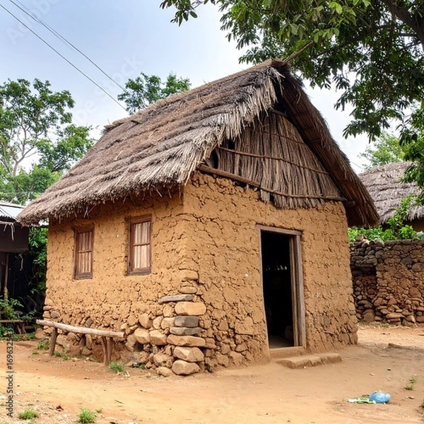 Fototapeta A traditional, rustic home with a thatched roof, built of mud and stone, stands in a rural setting.