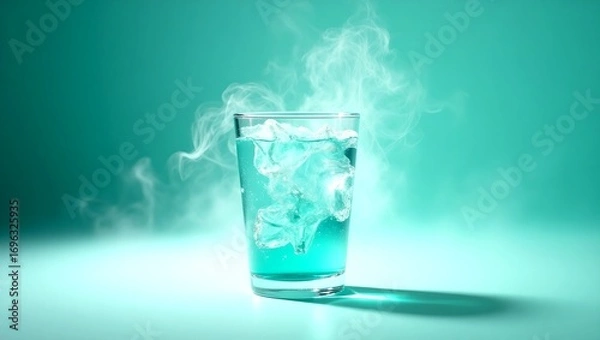 Fototapeta A glass filled with refreshing beverage with cloud like mist. The glass sits against a vibrant teal backdrop, capturing a moment of elegance and refreshment.