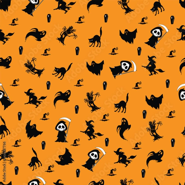 Fototapeta Halloween seamless pattern with spooky elements on orange background