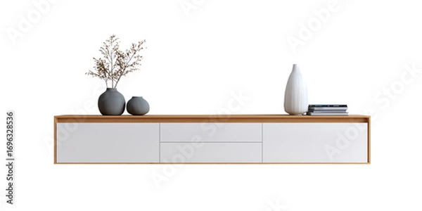 Obraz Minimalist Wall-Mounted TV Cabinet with Decorations Isolated on Transparent Background