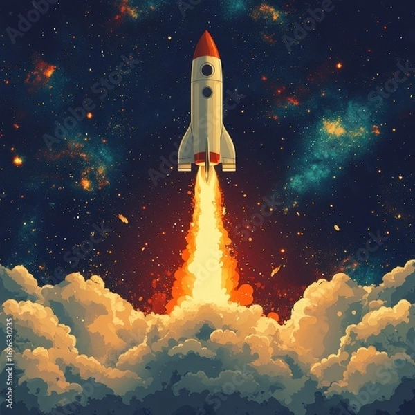Fototapeta Rocket Launch into the Starry Cosmos.