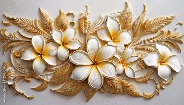Obraz intricate golden and white floral bas relief design featuring plumeria flowers and ornate stucco leaves and stems on a textured off white background