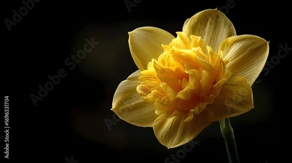 Fototapeta A radiant, golden daffodil blooms, showcasing intricate details and vibrant yellow hues against a striking black backdrop.