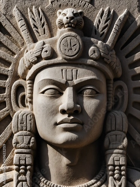 Fototapeta A 2D stone carving of Kinich Ahau, the Maya sun god. The portrait is in a classic bas-relief style, with intricate, angular lines and deep-cut shadows. 