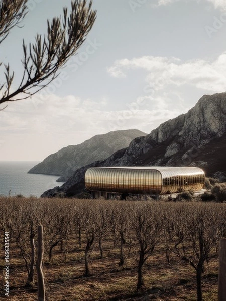 Fototapeta Aerial view of modern architecture overlooking coastal vineyards serene landscape photography in natural environment