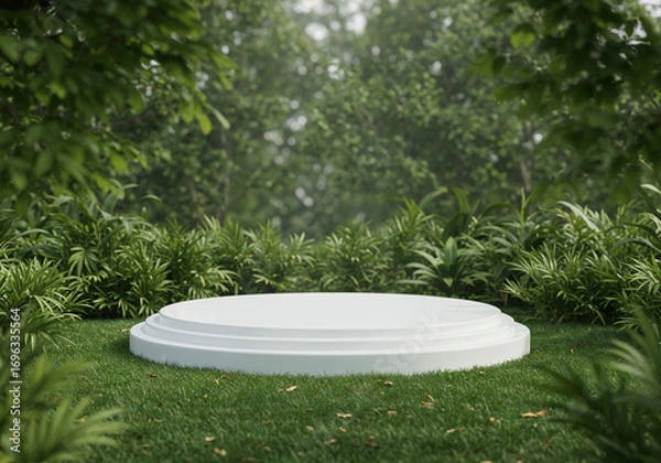 Fototapeta A White Stage empty Podium Surrounded by Lush Greenery Display Nature background