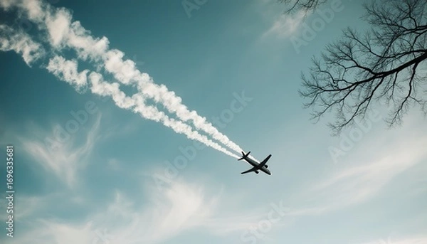 Fototapeta Airplane flying through clear sky air travel scene high altitude view nature's serenity