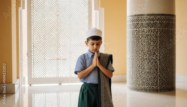 Fototapeta Child praying in mosque religious setting portrait photography peaceful environment reflective viewpoint