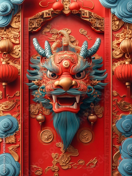 Fototapeta Chinese dragon head illustration with red and gold decorative elements, lanterns, and ornate details, symbolizing prosperity, strength, and celebration for Chinese New Year festival.