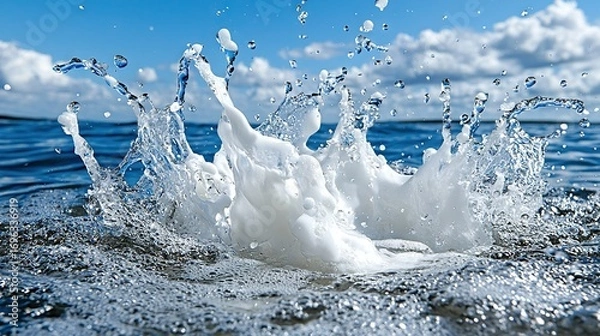 Fototapeta   A zoomed-in picture of a drop of water glistening on the surface of a tranquil pond, surrounded by a clear blue sky and fluffy white clouds