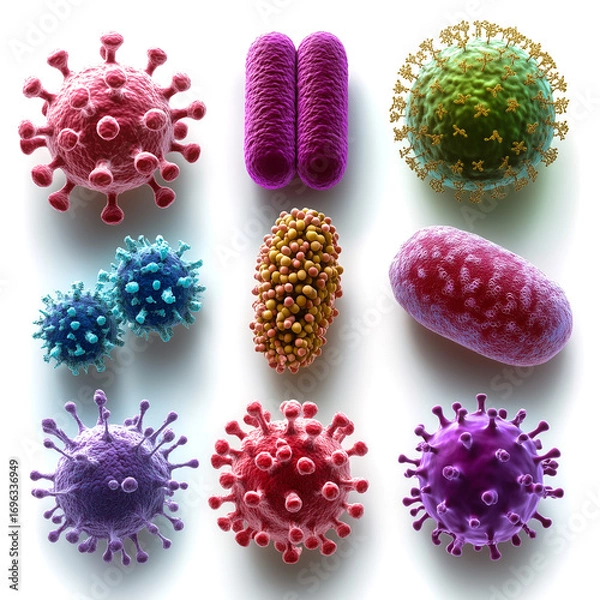Fototapeta Colorful multiple virus and bacteria cells, showing detailed pathogen structures in a scientific and artistic abstract style, suitable for microbiology, healthcare, futuristic background concept.