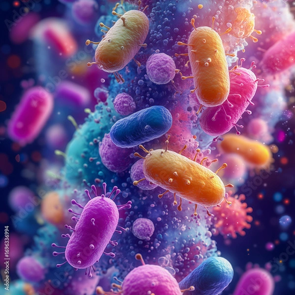 Fototapeta Colorful of bacteria and microbes under microscope, showing microorganisms, pathogens, and cells in vibrant abstract science background for medical and microbiology concepts.