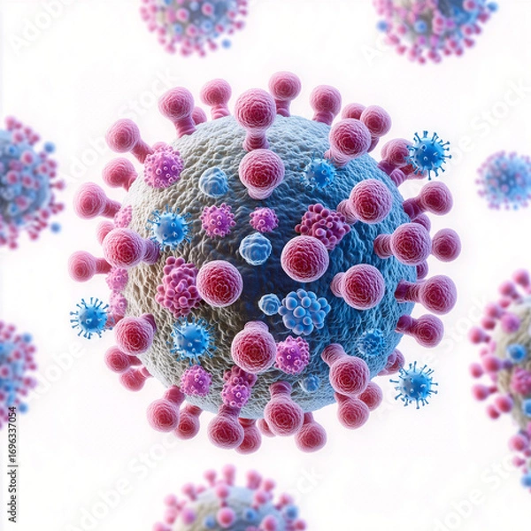 Fototapeta Microscopic virus cell with pink and blue protein spikes, showing a detailed pathogen structure for medical, scientific, and healthcare concept.