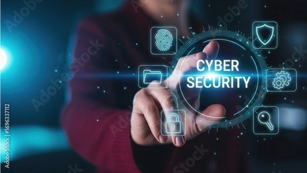 Fototapeta A hand reaching for a glowing holographic display with icons like shield and fingerprint, representing cybersecurity, data protection, phishing