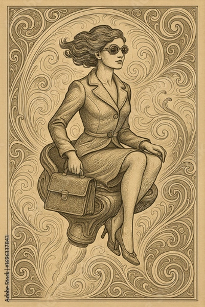 Fototapeta A pencil sketch of a woman in a business suit sitting on a rocket chair, flying through clouds with a briefcase.