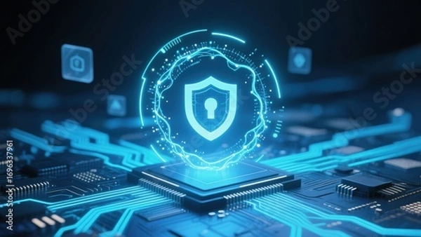 Fototapeta A central holographic symbol with glowing data lines and particles, futuristic scene representing cybersecurity, data protection, phishing