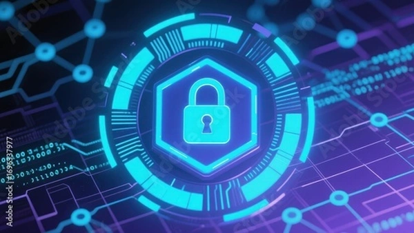 Fototapeta A futuristic hologram with biometric lock and neon network, showing advanced cybersecurity, data protection, phishing concepts