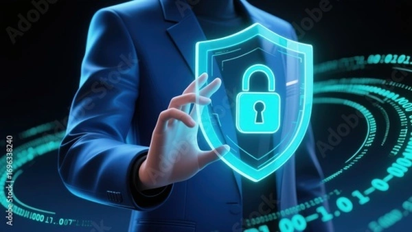Fototapeta A hand holding a glowing holographic shield surrounded by spiraling digital code, symbolizing cybersecurity, data protection, phishing