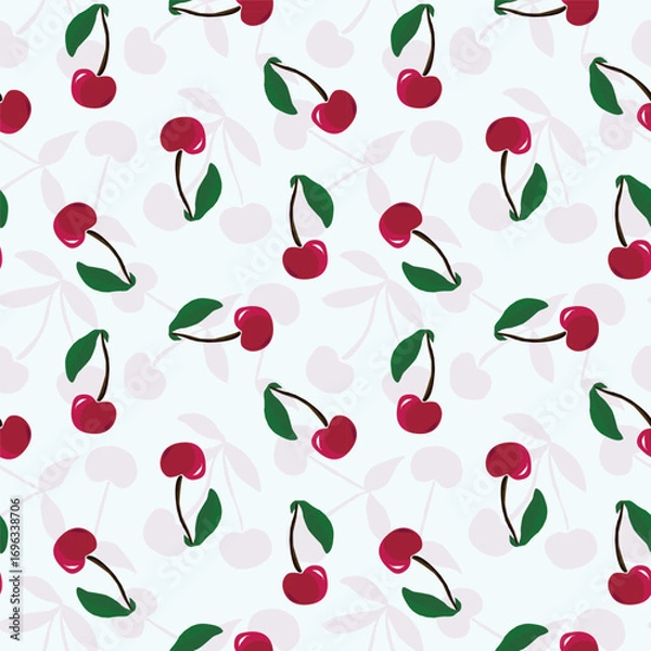 Fototapeta Cherry summer fruit seamless pattern for textile design. Vector hand drawn illustrations background.