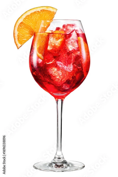 Fototapeta A classic Aperol Spritz cocktail with an orange slice garnish, isolated on a white background. A refreshing Italian aperitif or summer drink for a party or bar menu.