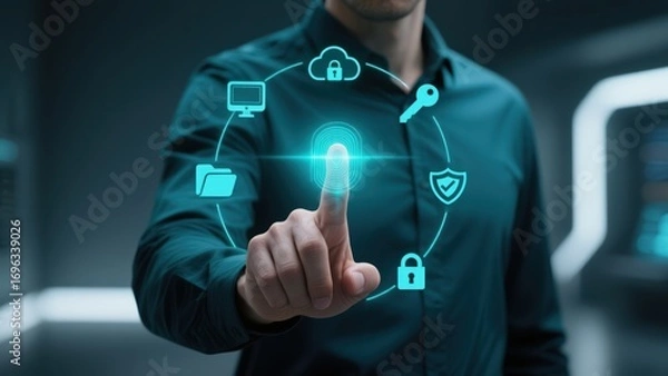 Fototapeta A man pointing finger at glowing biometric scan surrounded by digital icons, representing cybersecurity, data protection, phishing in modern tech space
