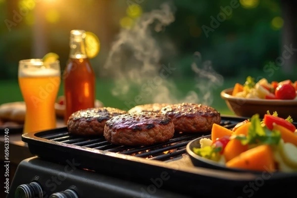 Fototapeta A sizzling backyard barbecue with burgers on the grill, colorful salads, and refreshing drinks ready to serve Perfect summer scene, food, and fun Enjoy the delicious feast!, patio, corn on the cob