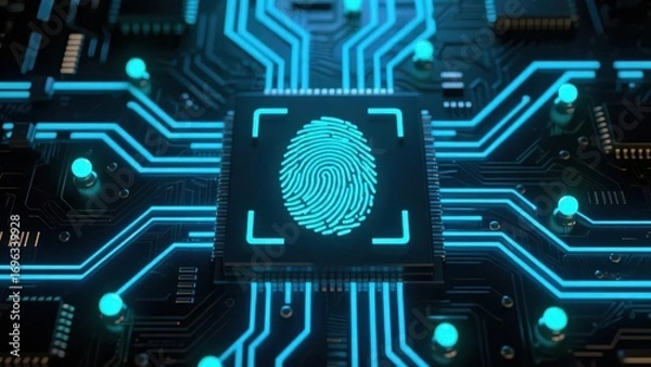 Fototapeta A glowing cyan fingerprint hologram with digital circuit lines and nodes, symbolizing cybersecurity, data protection, phishing in high tech environment