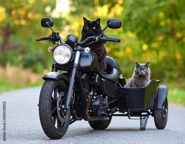 Fototapeta Cat friends on a motorcycle