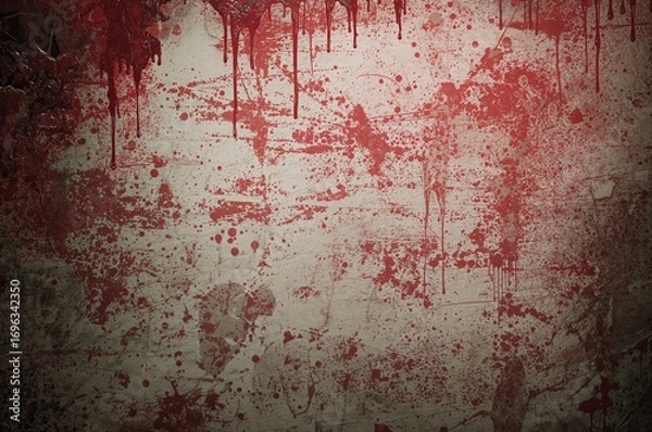 Fototapeta Spooky backdrop featuring red blood splatter texture on a wall surface