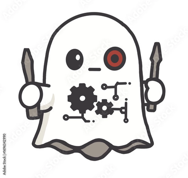 Obraz Cartoon Ghost Holding Daggers with Gear Design