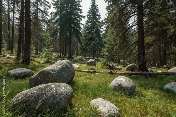 Fototapeta Cluster of enigmatic rocks within a pine woodland