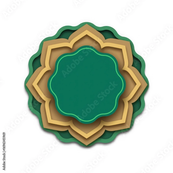 Fototapeta Layered geometric islamic pattern in green and gold, isolated on transparent background