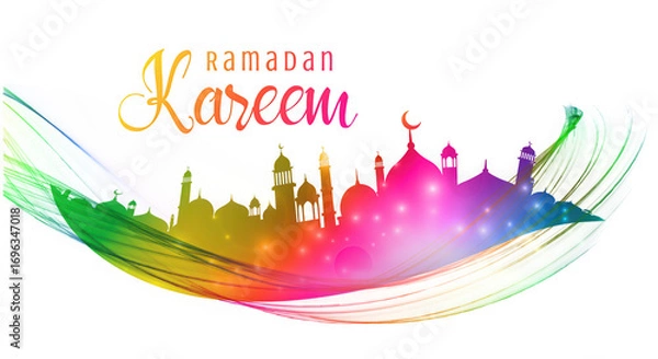 Fototapeta Ramadan kareem text with colorful mosque silhouette and abstract wavy lines isolated on transparent background