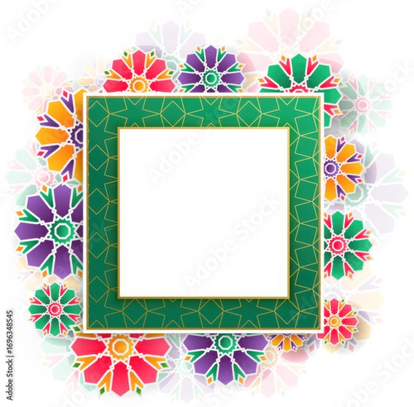 Fototapeta Colorful geometric floral frame with intricate patterns and a transparent background, perfect for invitations and decorations