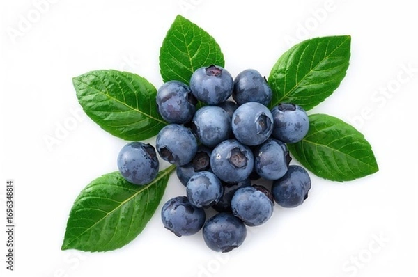 Fototapeta Fresh blueberries accompanied by blueberry leaves on a white backdrop. Overhead perspective.