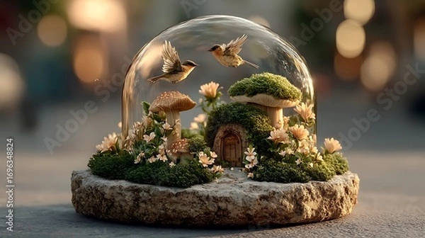 Fototapeta Enchanted mushroom house with birds high resolution image