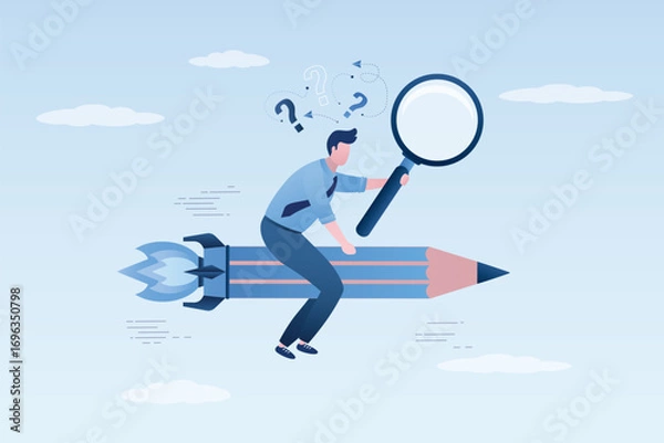 Fototapeta Business creativity or imagination, improvement, creative freedom. Entrepreneur uses magnifying glass for searching answers. Creative businessman riding pencil rocket
