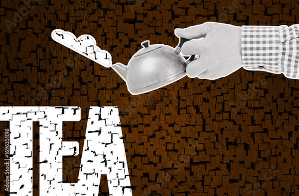Obraz Hand Holding Teapot with Steam and Tea Text on Abstract Brown Background