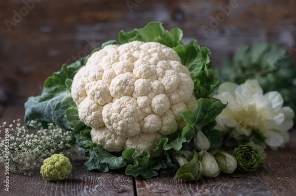 Fototapeta Fresh cauliflower surrounded by leaves on an old wooden surface, selective focus