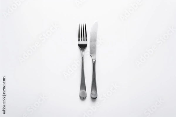 Fototapeta Cutlery set comprising a fork and knife against a white backdrop