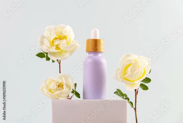 Fototapeta bottle of essential oil with a pipette and cream rose flowers on a white podium. The concept of skin care using natural cosmetics