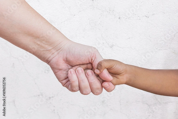 Fototapeta Interracial family holding hands, mother and son or daughter mixed by dark and white skin color
