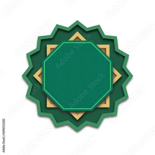 Fototapeta Green and gold geometric islamic star pattern, layered design, isolated on transparent background
